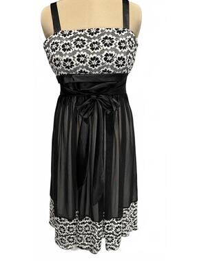 Black and White Floral Lace Overlay Dress with Sheer Skirt